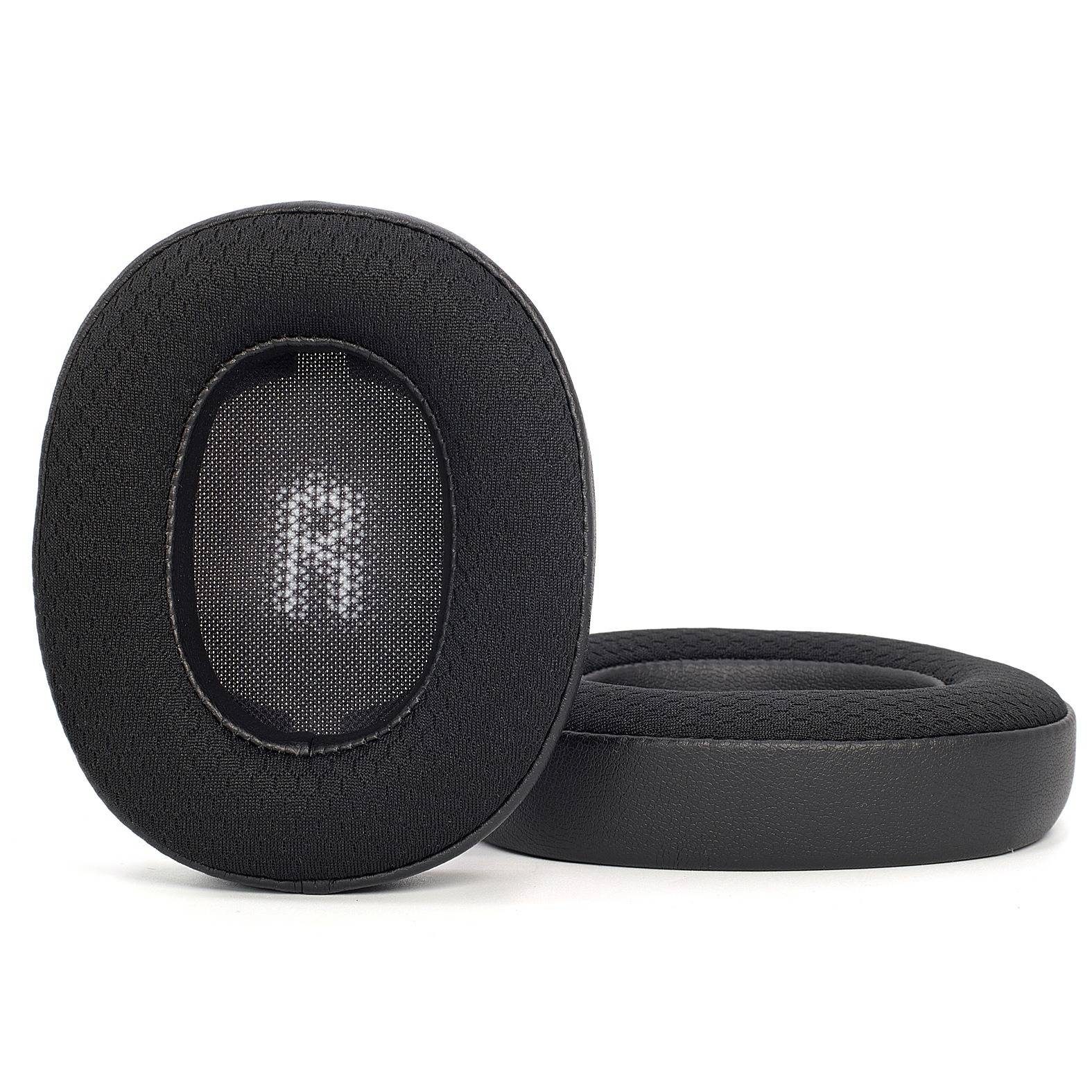 Schwarze Over-Ear-Kopfhörer-Ohrmuscheln, eine von vorne gezeigt mit gekennzeichnetem 