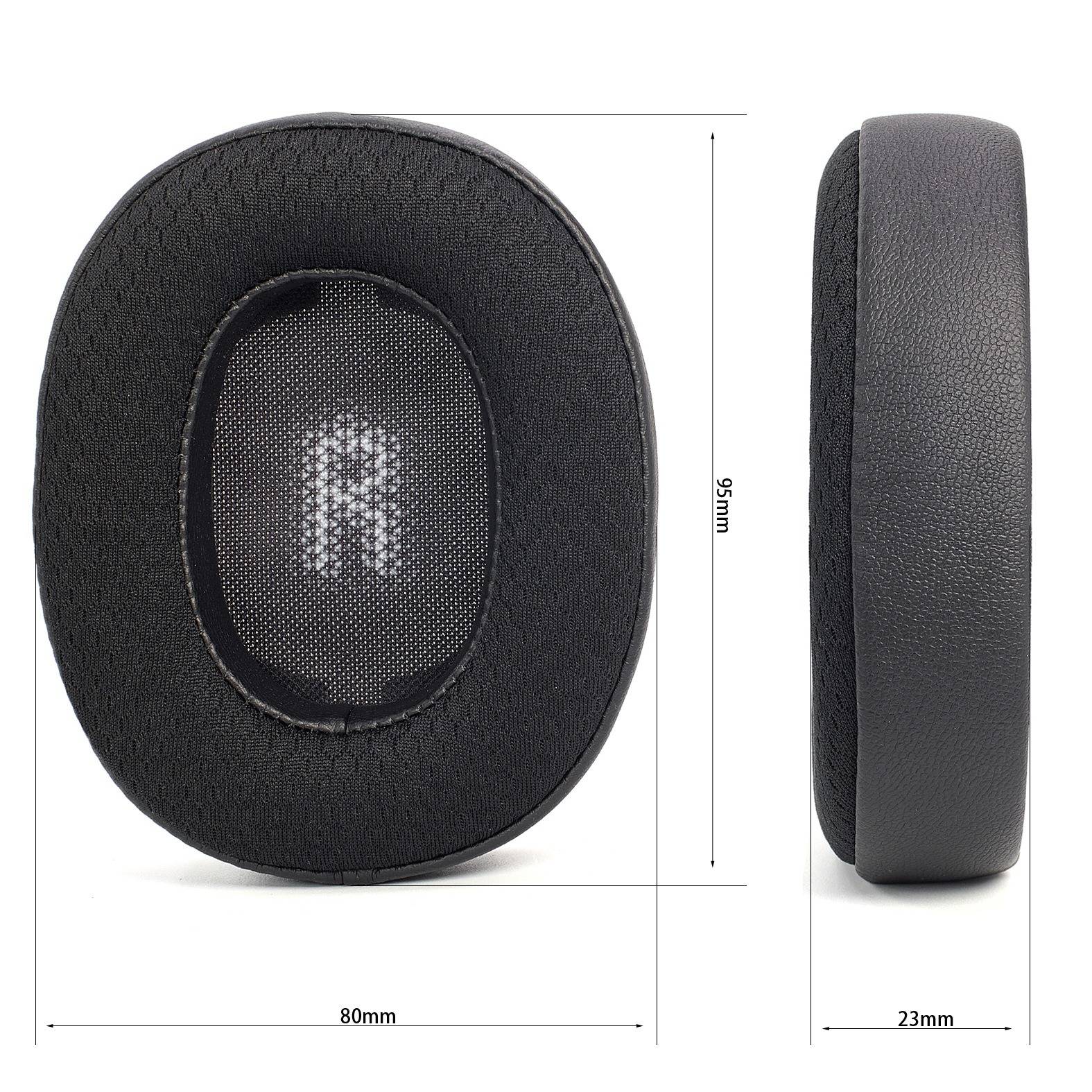 Schwarzes ovales Ohrkissen gezeigt in Vorder- und Seitenansicht mit Abmessungen von 80 mm Breite, 95 mm Höhe und 23 mm Dicke.