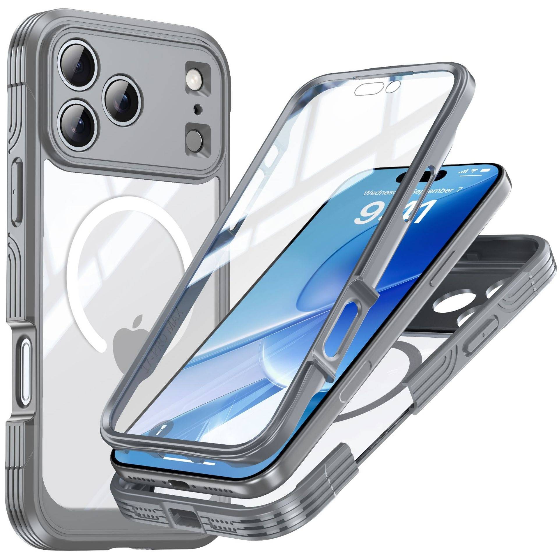 Drei graue iPhone-Hüllen in Explosionsdarstellung gezeigt, die eine transparente Rückseite, erhöhten Kameraschu/tz und einen integrierten Ringständer hervorheben.