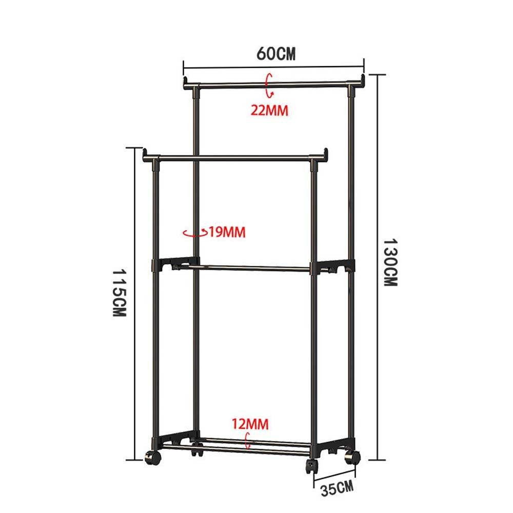 Dimensioniertes schwarzes Metallkleidungsständer auf Rollen, zeigt 60 cm Breite, 130 cm Höhe, 115 cm untere Höhe und 35 cm Basistiefen mit 22 mm, 19 mm und 12 mm Rohrdurchmessern.
