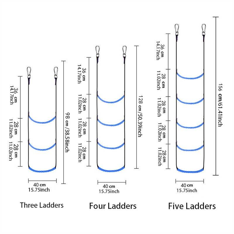 Diagramm zum Vergleich von Strickleitern mit 3, 4 und 5 Sprossen. Jede hat eine Breite von 40 cm; die Höhen nehmen von 98 cm auf 128 cm und 156 cm zu, wobei der Abstand zwischen den Sprossen gekennzeichnet ist.