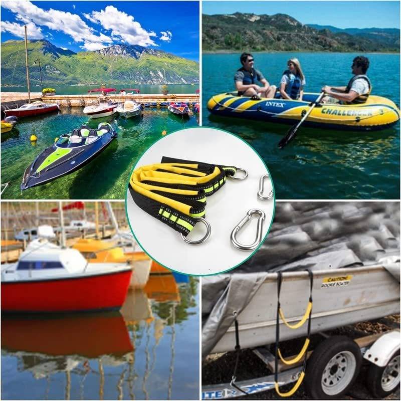 Collage zeigt Boote und ein aufblasbares Schleppratt auf dem Wasser, plus eine zentrale Nahaufnahme von gelben Spanngurten und Metallclips, die einen Bootsanhänger sichern.