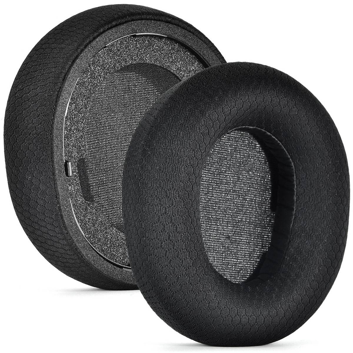 Paar schwarzer Over-Ear-Kopfhörer-Ersatzohrmuscheln, shown front and back on a white background.