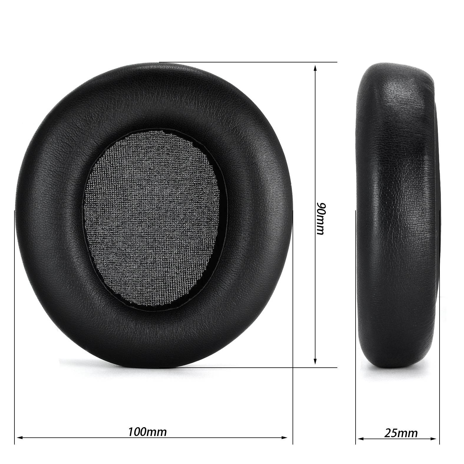 Schwarzes ovales Sitzkissen, dargestellt in Front- und Seitenansicht, mit den Abmessungen 100 mm breit, 90 mm hoch und 25 mm dick.