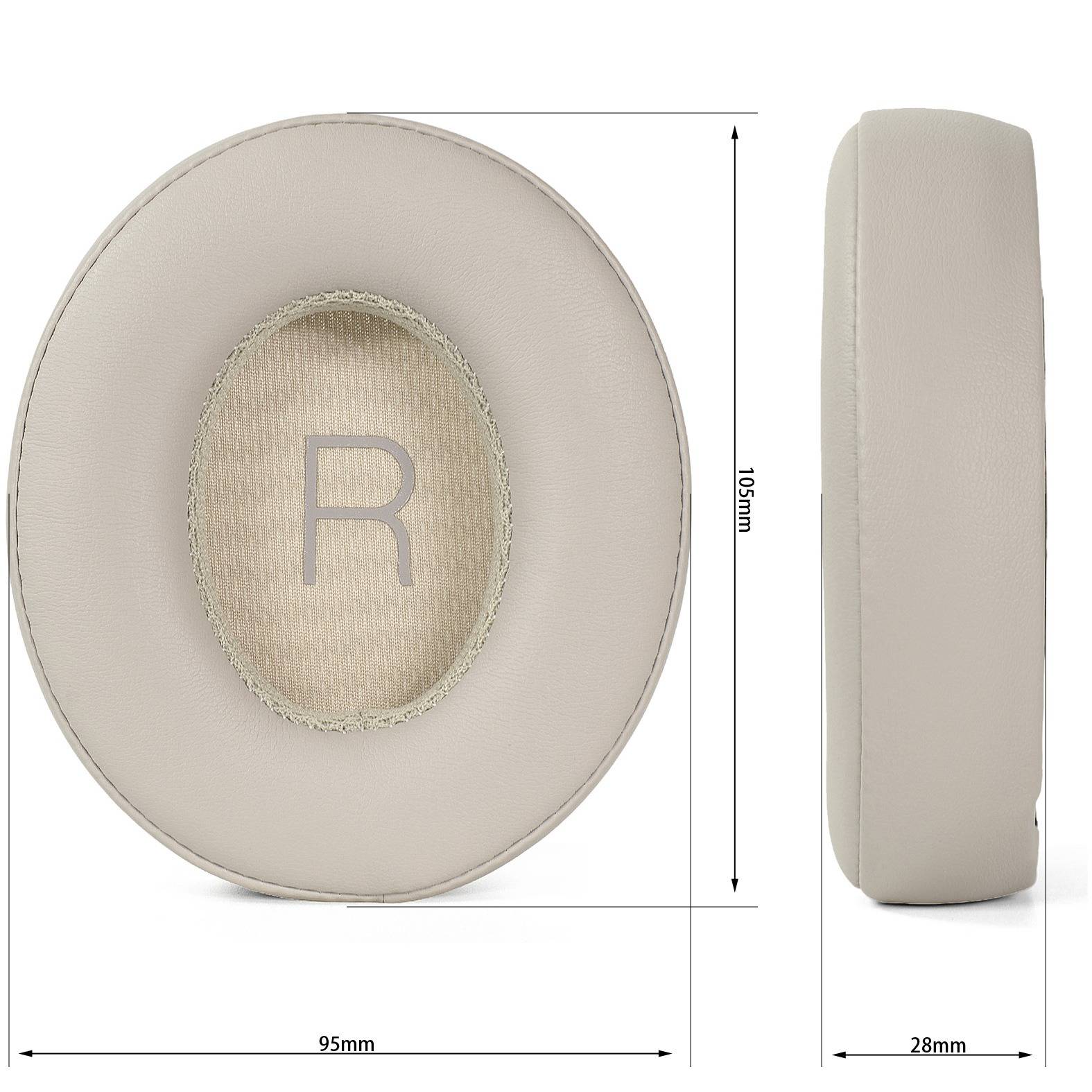 Rundes beiges Ohrpolster mit Buchstabe "R"", gezeigt in Vorder- und Seitenansicht, mit einem Durchmesser von 95 mm und einer Dicke von 28 mm.