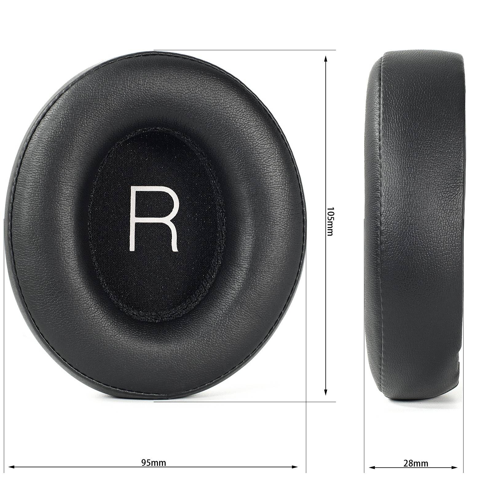 Schwarze runde Ohrmuschel mit Kennzeichnung „R", gezeigt in Vorder- und Seitenansicht mit Abmessungen von 95 mm Breite, 105 mm Höhe und 28 mm Dicke.