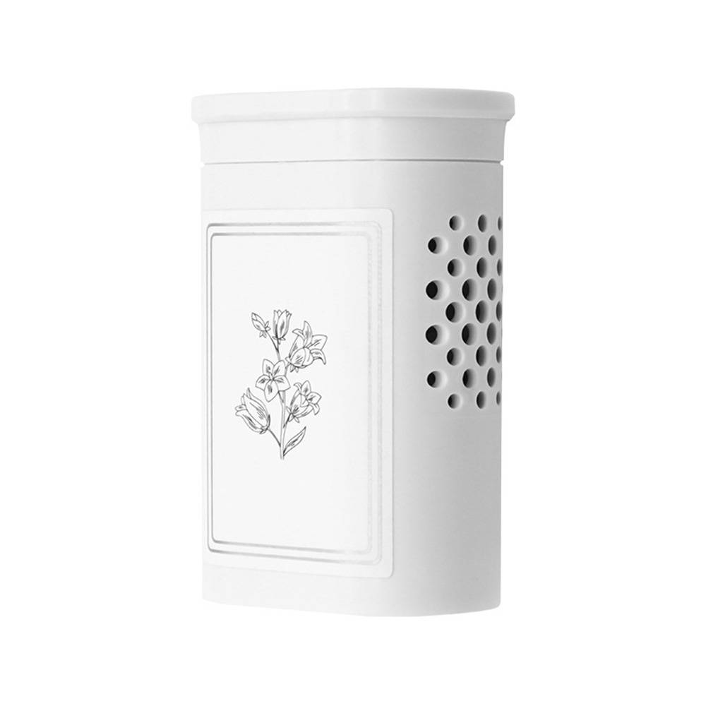 Weißer zylindrischer Lagerbehälter mit Blumenpanel und perforierten Seitenlöchern auf einfachem Hintergrund.