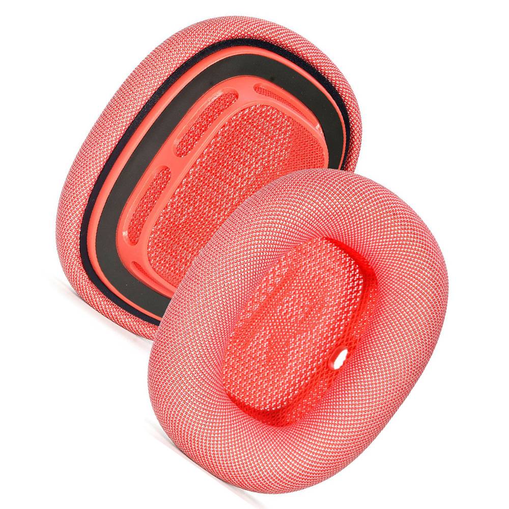 Zwei rote Mesh-Ovalpads, eines zeigt seine Unterseite mit schwarzem Rand und rotem Kunststoffzentrum, auf weißem Hintergrund.