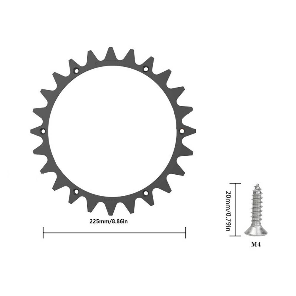 Schwarzer kreisförmiger Zahnkranz mit 28 Zähnen und Befestigungslöchern, beschriftet mit 225 mm/8,86 Zoll Breite; Ausschnitt zeigt eine M4-Schraube, 20 mm/0,79 Zoll lang.