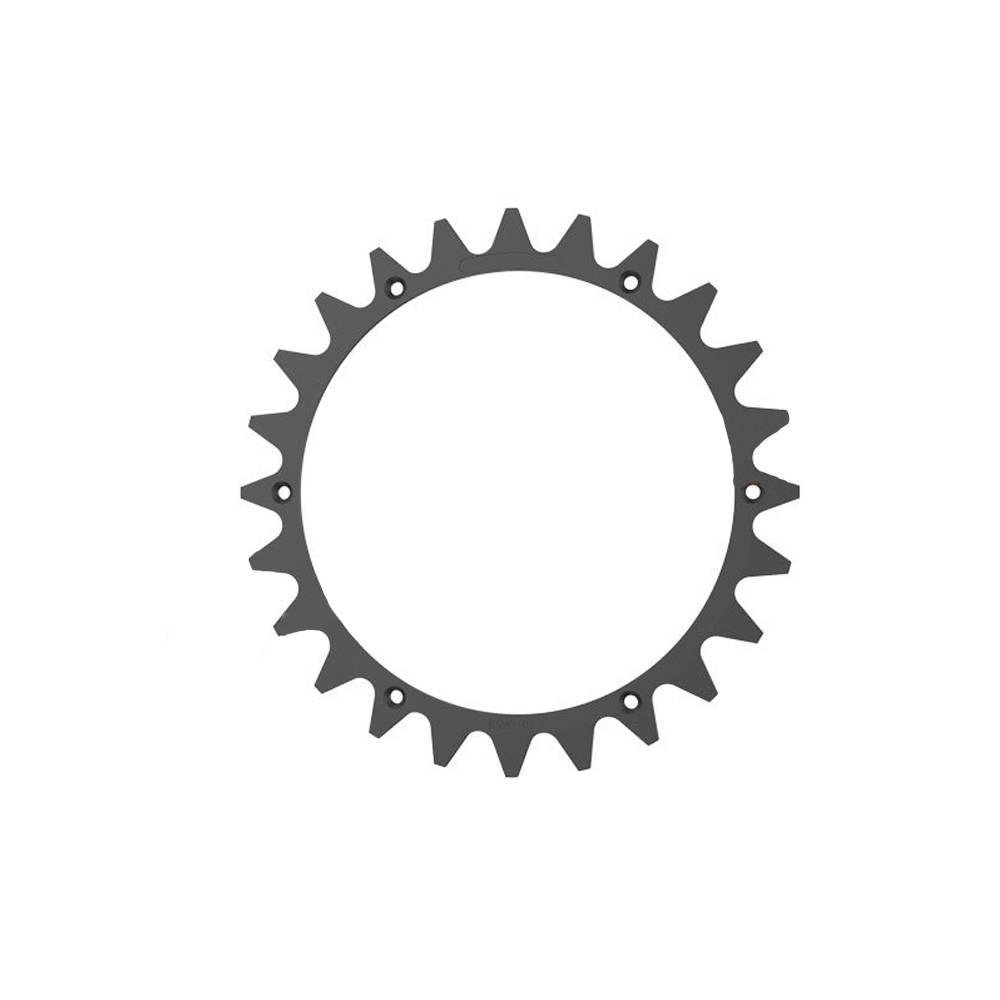 Graues Fahrrad-Kettenblatt mit Zähnen und Schraubenlöchern, zentriert auf weißem Hintergrund dargestellt.