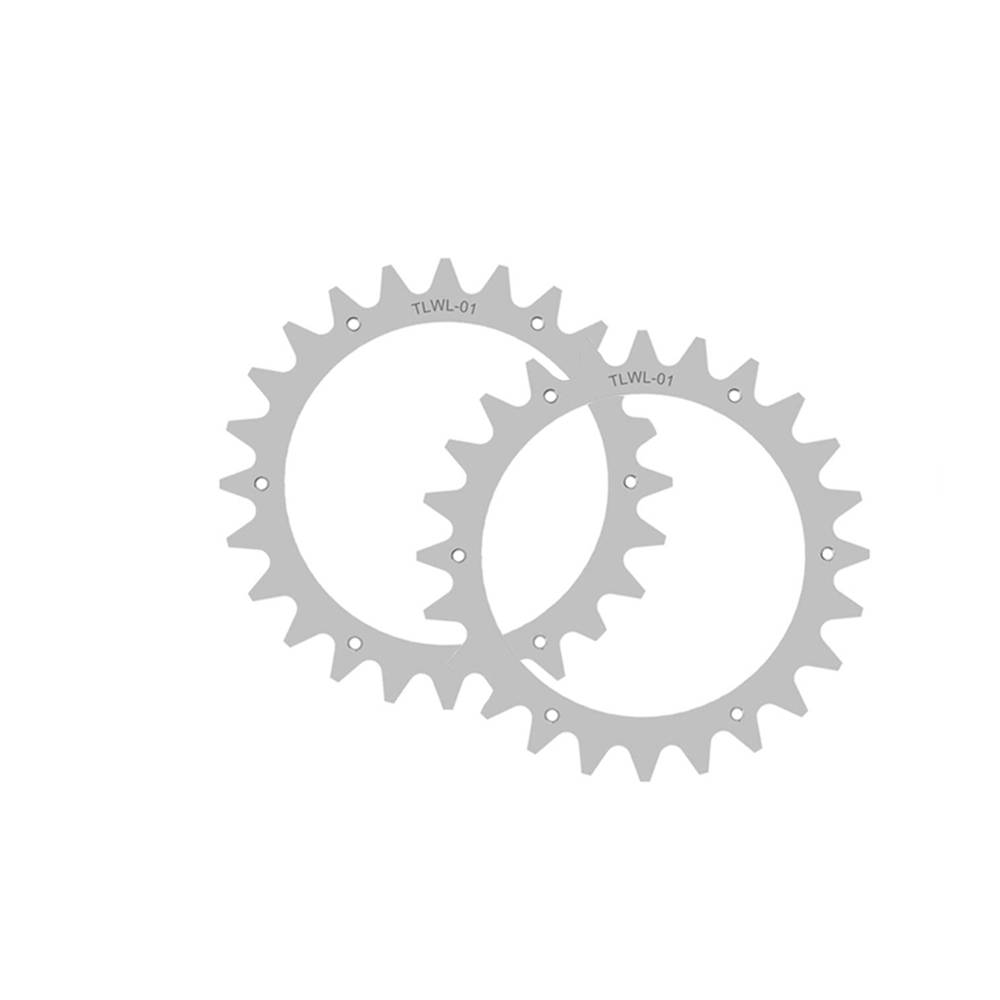 Zwei sich überlappende silberne Fahrradkettenblätter mit Zähnen, auf weißem Hintergrund dargestellt, jeweils mit der Bezeichnung „TLWL-01