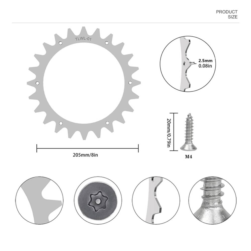 Produktgrößendiagramm eines silbernen Kettenrads mit der Bezeichnung „TWL-01