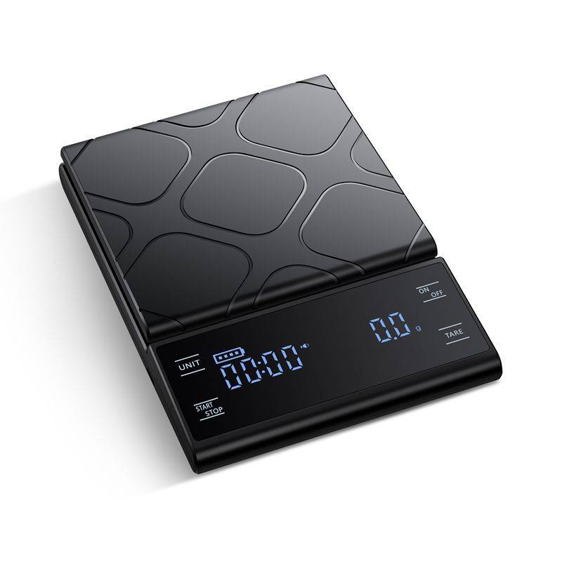 Digitale schwarze Küchenwaage mit strukturierter Plattform und beleuchtetem Display, das 0,0 anzeigt, sowie Tasten für Einheit, Start/Stopp, Tara und Ein/Aus.