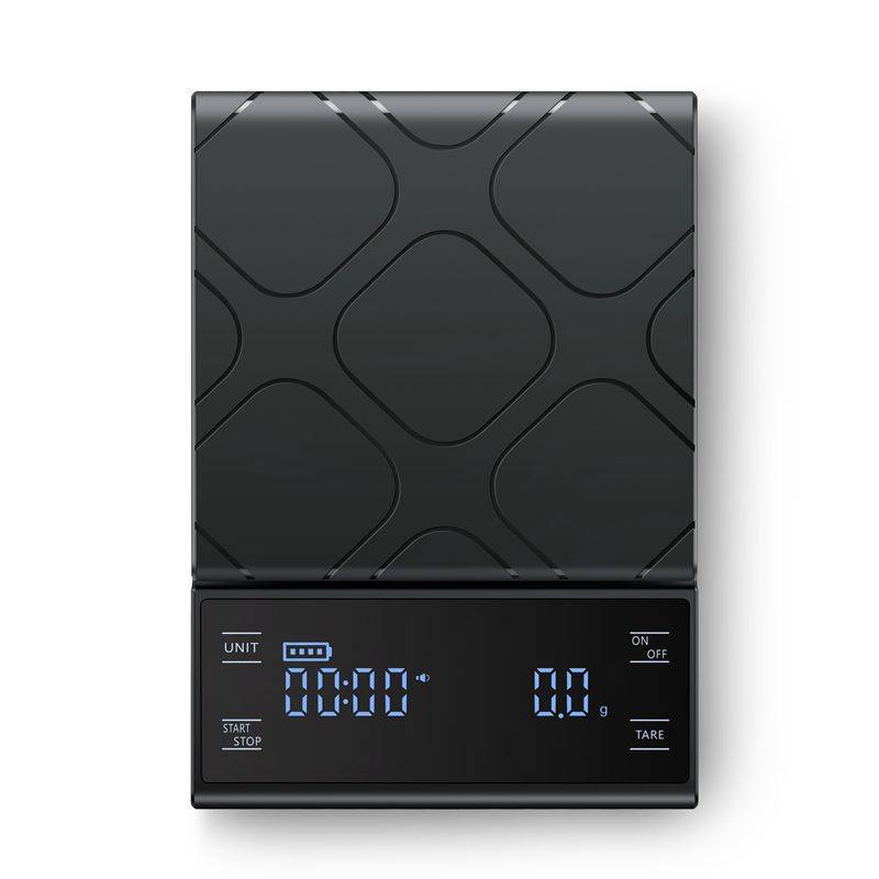 Digitale schwarze Küchenwaage mit blauem Display, das auf der linken Seite 00:00 und auf der rechten Seite 0,0 g anzeigt, mit Tasten für Einheit, Start/Stopp, Tara und Ein/Aus.