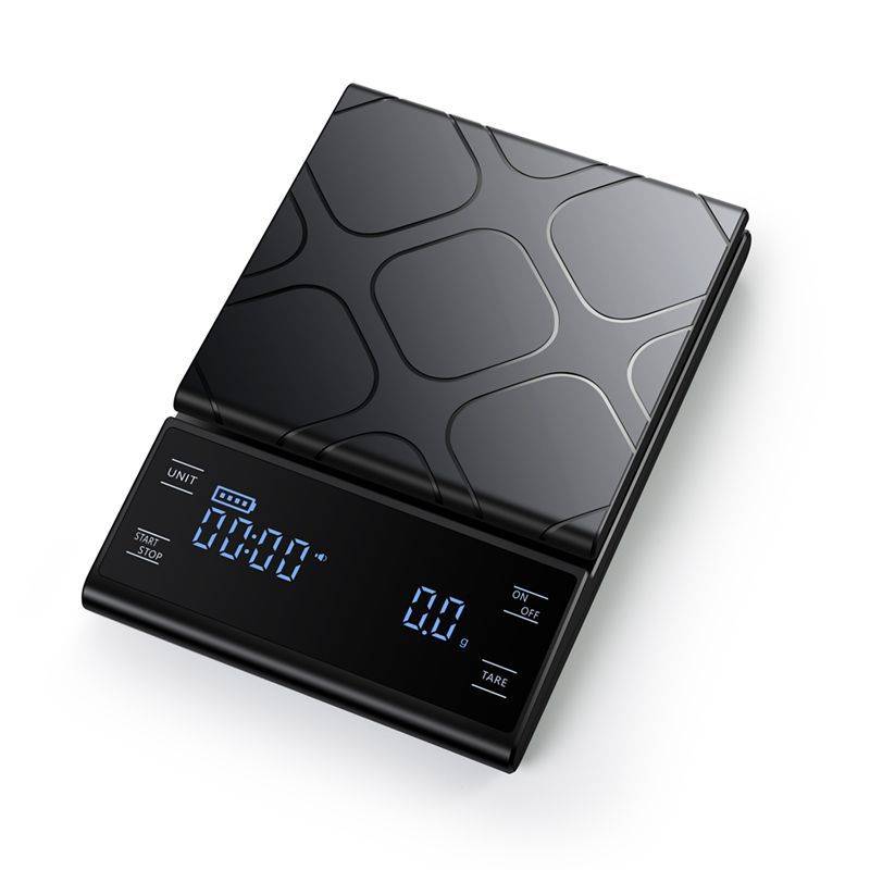 Schwarze digitale Küchenwaage mit strukturierter Plattform und blauem LED-Display, das 0,0 anzeigt, mit Einheit-, Start-/Stopp-, Tara- und Ein-/Aus-Touchkontrollen.