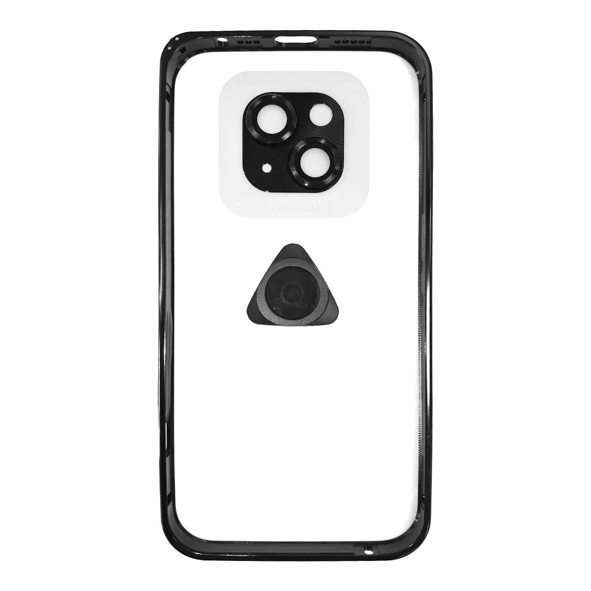 Rückansicht eines transparenten Smartphone-Gehäuses mit großem quadratischem Kameraausschnitt und zentriertem dreieckigem MagSafe-ähnlichem Ring auf weißem Hintergrund.