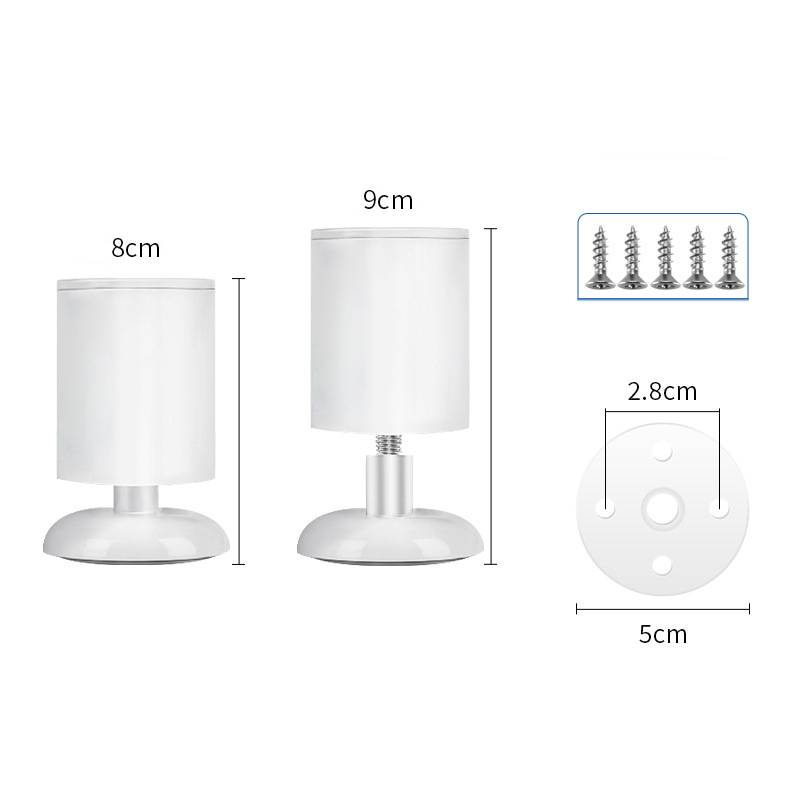 Produktdiagramm zeigt eine kleine weiße Lampe mit zwei Höhenoptionen: 8 cm und 9 cm, plus Befestigungsplattendimensionen von 5 cm Breite und 2,8 cm zwischen den Bohrungen, mit im Lieferumfang enthaltenen Schrauben.