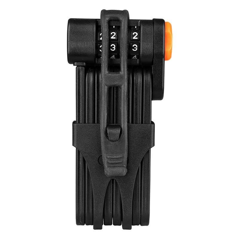 Schwarzes zusammengeklapptes Fahrradschloss mit Zahlenwählern und einem orangefarbenen Entriegelungsknopf.