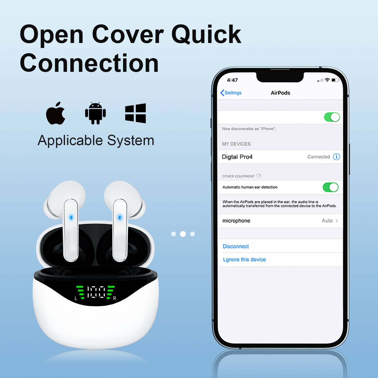 Werbegrafik für „Open Cover Quick Connection" mit kompatiblen Apple-, Android- und Windows-Systemen, einem AirPods-ähnlichen Gehäuse und einem Telefonbildschirm, das mit „Digital Pro4"" gekoppelt wird.