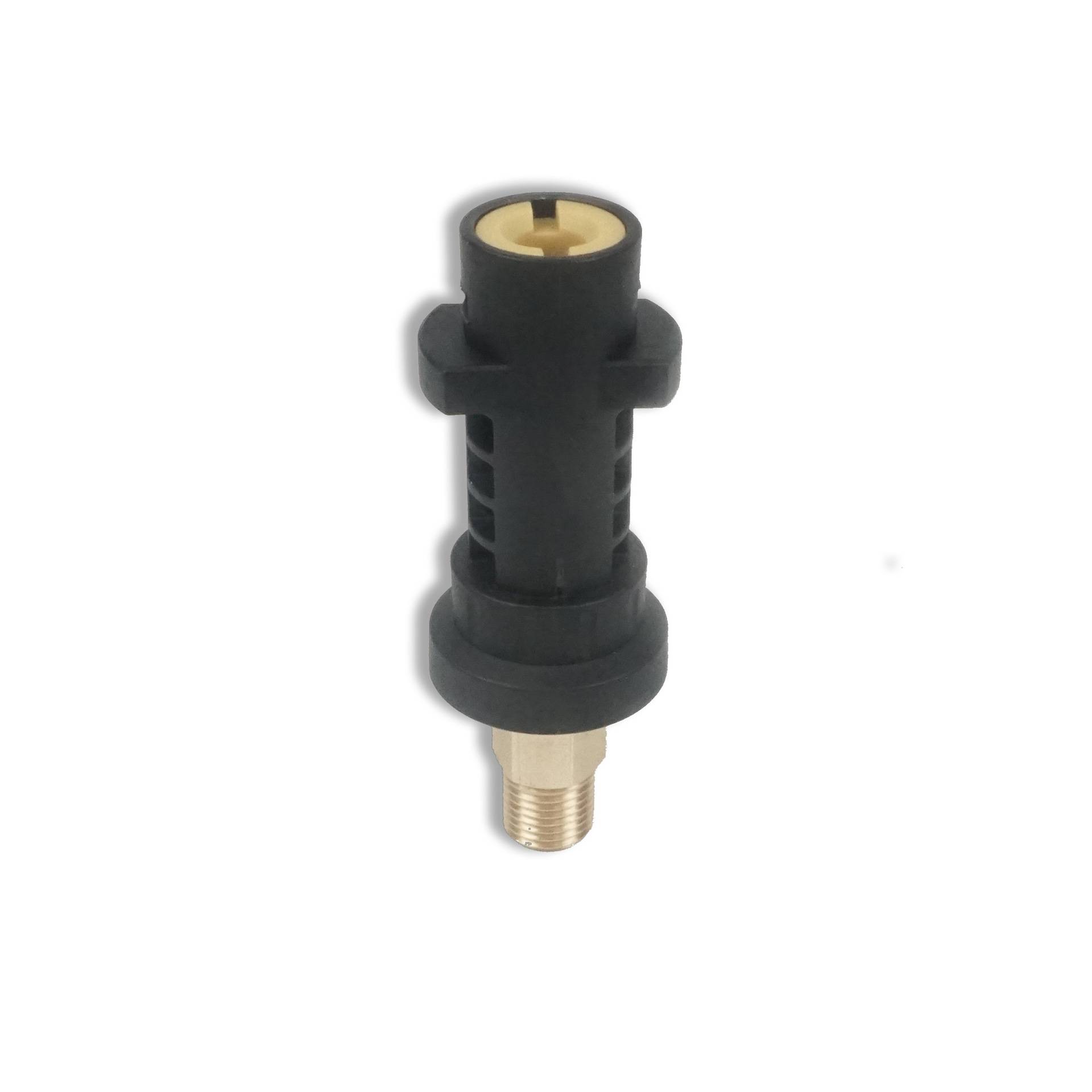 Schwarzer Kunststoffstecker mit einer Messingverschraubung, isoliert auf weißem Hintergrund dargestellt.