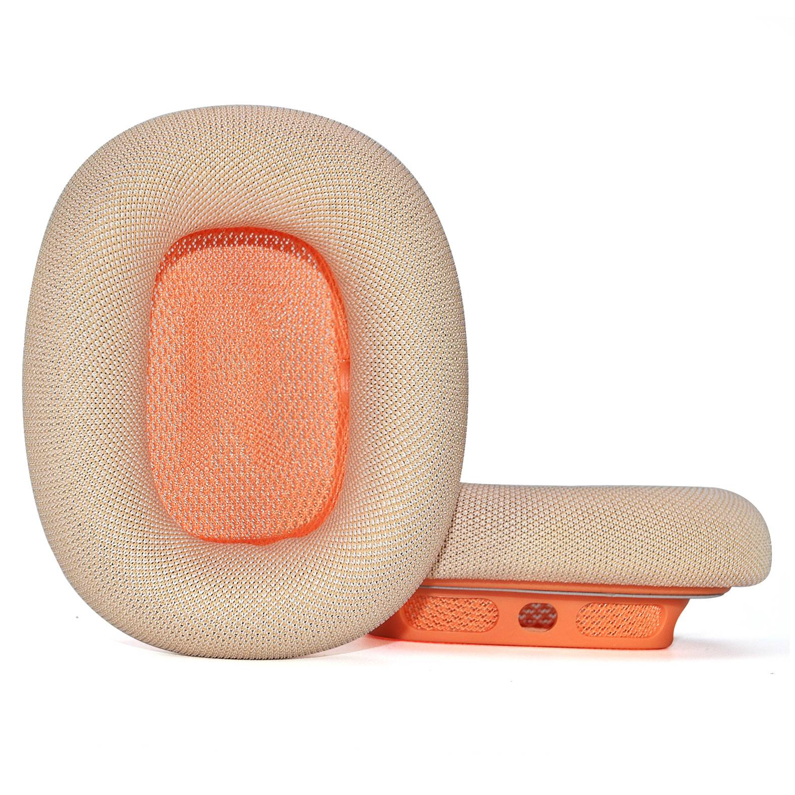 Beige- und orangefarbenes Mesh-Sitzkissen und Rückenlehnen-Set, gezeigt auf weißem Hintergrund.