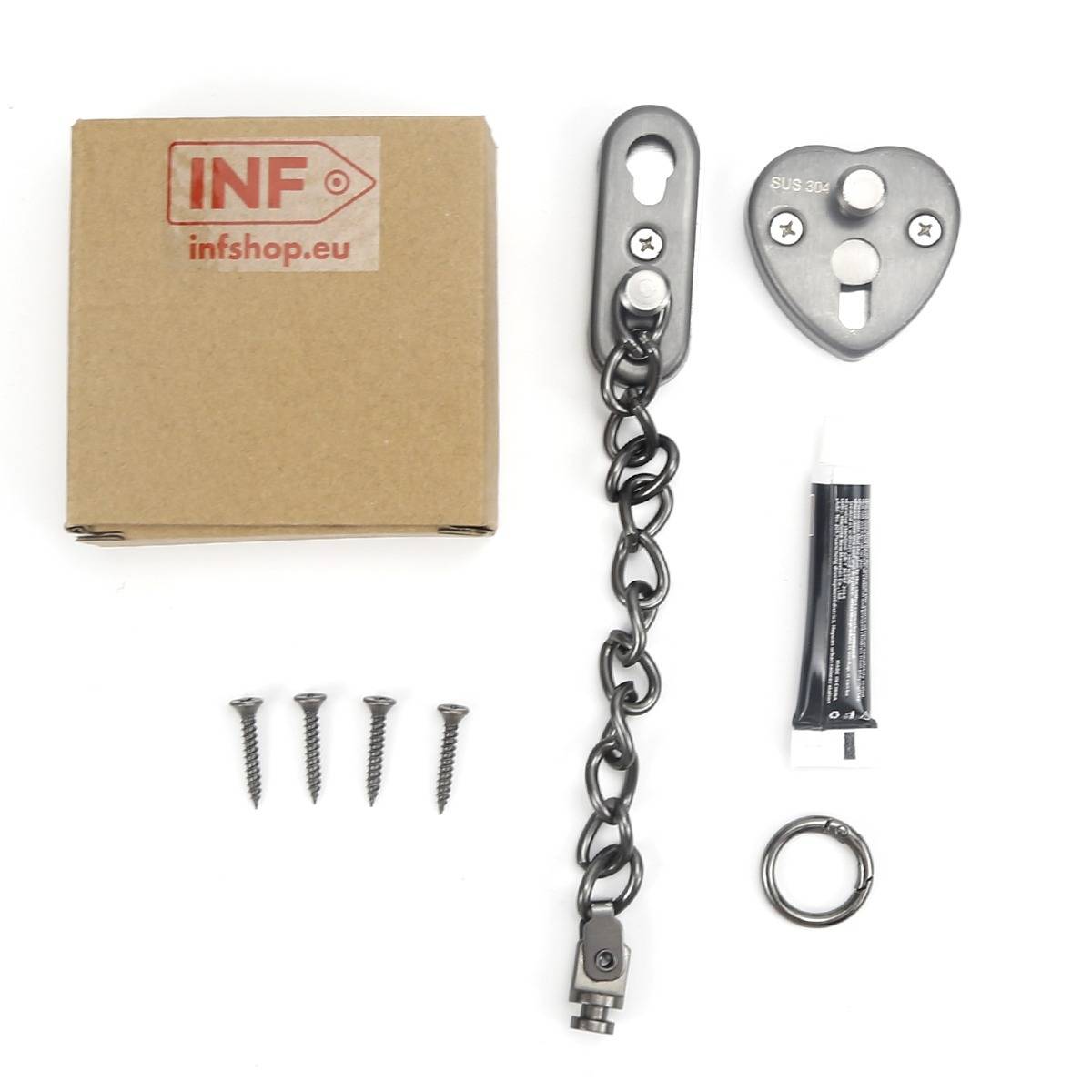 Ein Türsicherungsketten-Set mit Karton, Metallkette und Befestigungen, Schrauben, Schmiermittel und Ring, angeordnet auf weißem Hintergrund.