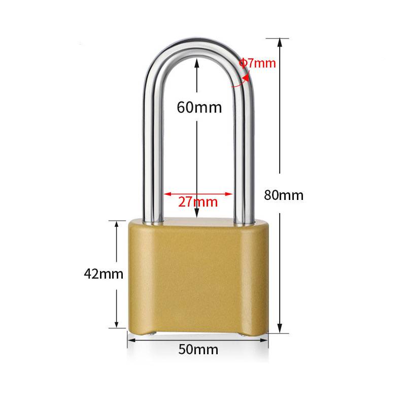 Goldenes Vorhängeschloss mit verchromtem Bügel mit Abmessungen: 80 mm Höhe, 50 mm Breite des Gehäuses, 42 mm Gehäusehöhe, 60 mm Bügelöffnung, 27 mm Innenbreite, 7 mm Bogendurchmesser.