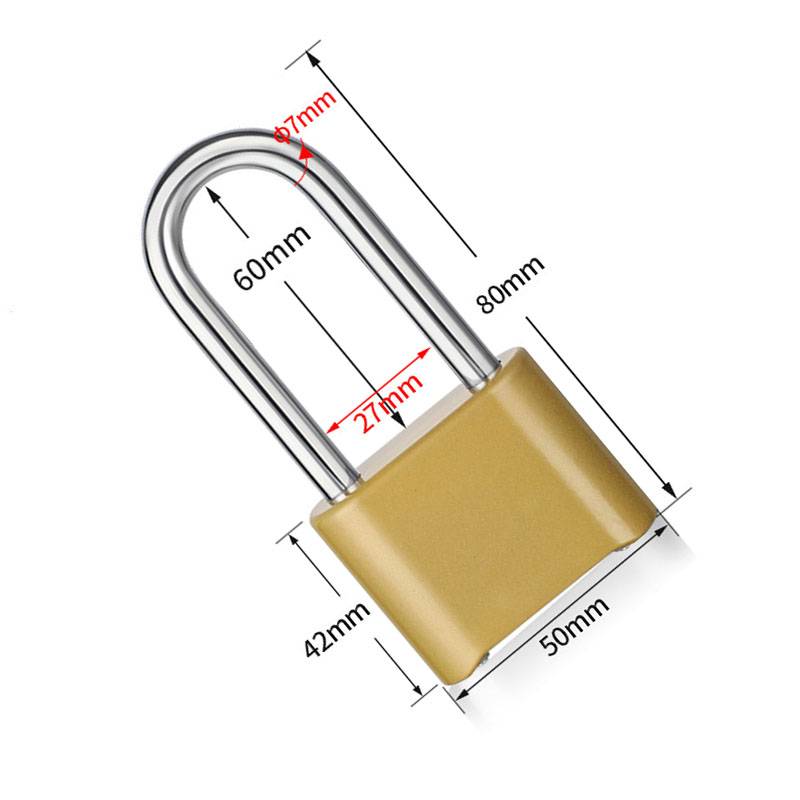 Goldenes Vorhängeschloss mit U-förmigem Bügel, dargestellt mit beschrifteten Abmessungen von 80 mm Höhe, 50 mm Breite, 42 mm Dicke, 60 mm Bügelhöhe, 27 mm Innenbreite und 7 mm Bügelduchmesser.