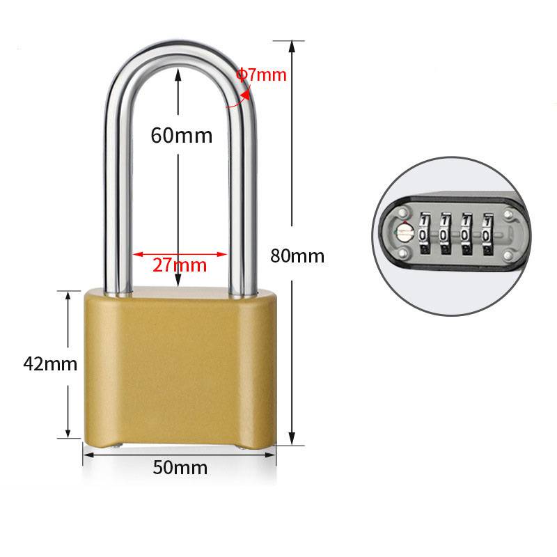 Produktbild eines goldenen Kombinationsvorhängeschlosses mit beschrifteten Abmessungen: 80 mm Höhe, 50 mm Breite, 42 mm Körperhöhe, 60 mm Schlosskörper-Freiraum und 27 mm Schlossbügel-Breite; die Einschubabbildung zeigt die 4-stelligen Codier-Drehscheiben.