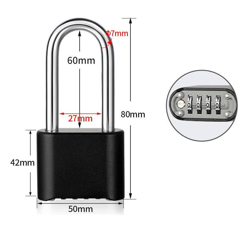 Zahlenkombinationsvorhängeschloss mit gekennzeichneten Abmessungen 80 mm Höhe, 50 mm Breite, 42 mm Gehäuse, 60 mm Bügelfreiraum, 27 mm Innenbreite und eine detailliert dargestellte 4-stellige Code-Wählscheibe