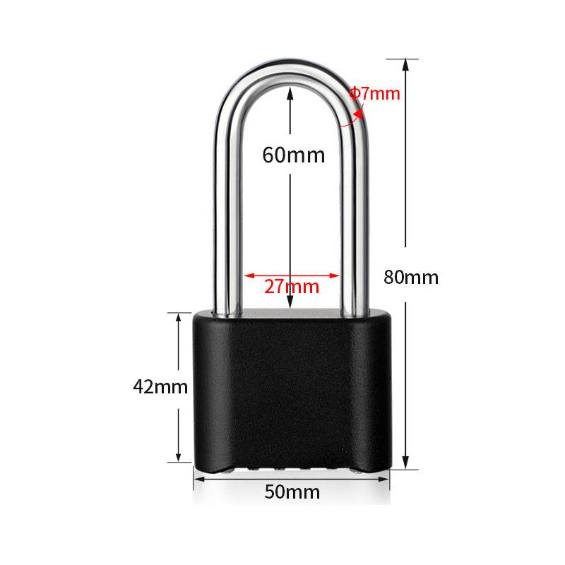 Produktdiagramm eines U-förmigen Vorhängeschlosses mit beschrifteten Abmessungen: 80 mm Höhe, 50 mm Breite des Gehäuses, 60 mm Schackelhöhe, 27 mm innere Breite, 7 mm Schackeldurchmesser, 42 mm Gehäusehöhe.