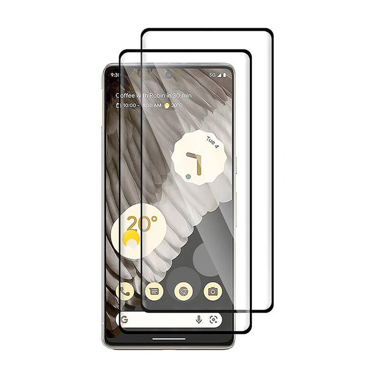 Zwei schwarzumrandete Displayschutzfolien für Smartphones, die sich auf einem Telefondisplay überlappend zeigen.