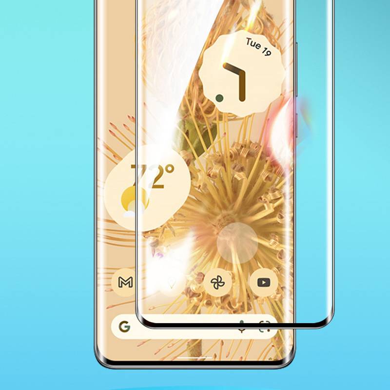 Zwei sich überlappende Smartphones zeigen einen goldenen Blumen-Startbildschirm mit einer Temperatur von 72°, dem Datum Di 19 und App-Symbolen vor einem blauen Hintergrund.