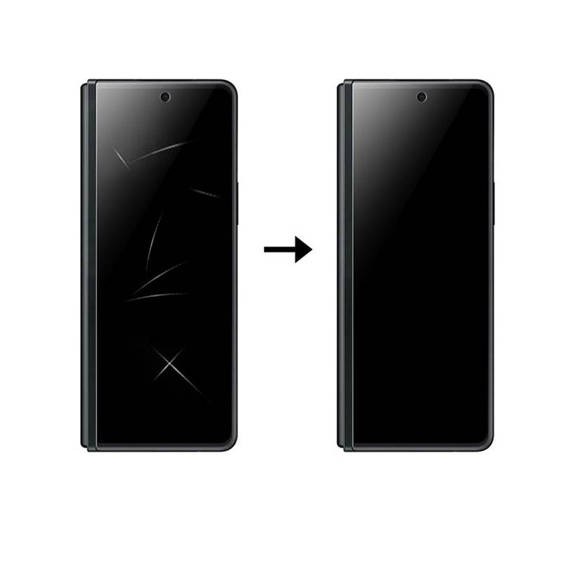 Vorher-und-Nachher-Bild eines schwarzen Smartphone-Bildschirms, das den Wechsel von einem beschädigten zu einem intakten Zustand zeigt, mit einem Pfeil, der eine Reparatur oder einen Austausch anzeigt.