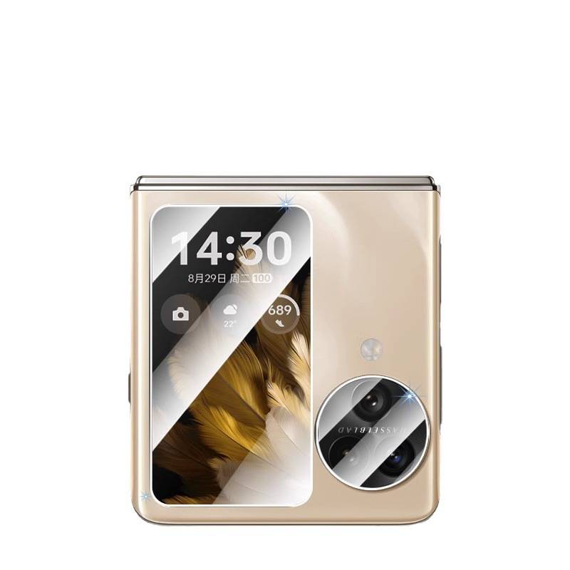 Goldfarbiges faltbares Smartphone, offen dargestellt, mit großem Display auf der Abdeckung, Uhrzeit 14:30, und kreisförmigem Dreifach-Kameramodul auf der Rückseite.