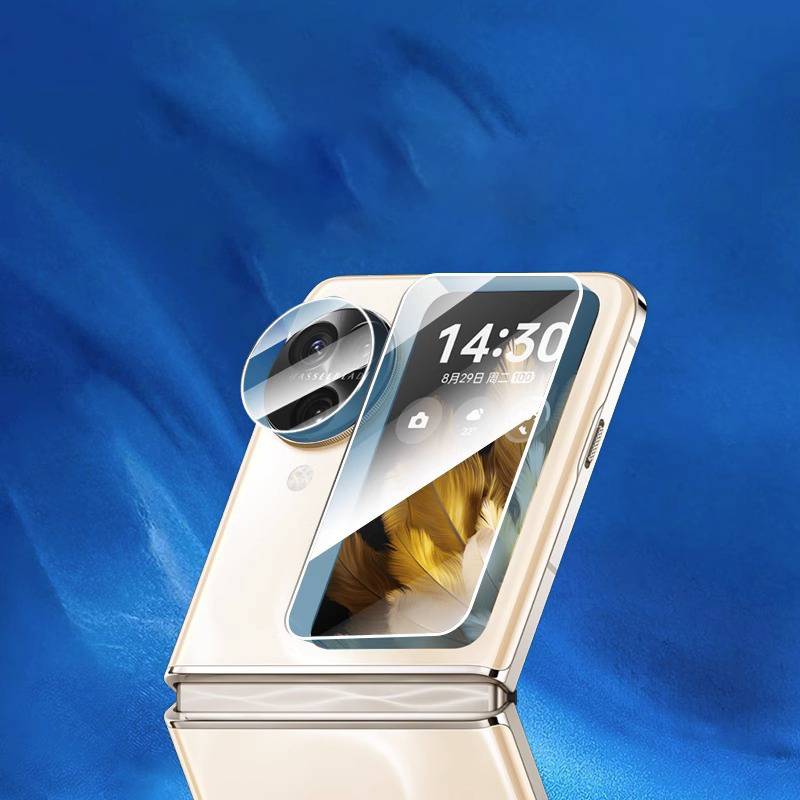 Faltbares Smartphone in Champagnerrot-Gold, halb geöffnet mit großem hintererem Kameramodul und Deckelbildschirm, der 14:30 anzeigt.
