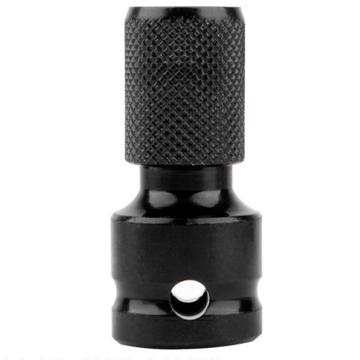 Schwarzer Metall-Werkzeugnuss-Adapter mit gerilltem Griff und Seitenloch, dargestellt auf einfachem weißem Hintergrund.