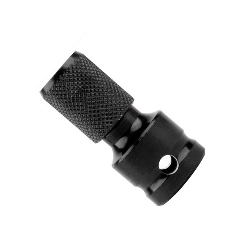 Adapter für schwarze Metallsteckdose mit strukturiertem Griff und Seitenloch, gezeigt auf einfachem weißem Hintergrund.