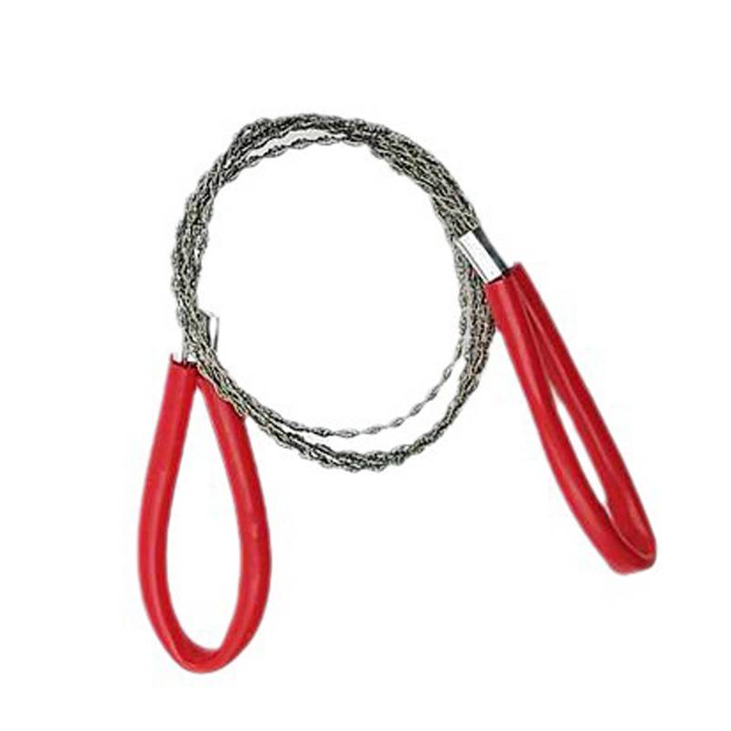 Geflochtene Drahtschleife mit roten Gummigriffeen, ähnlich einer Handseilsäge oder flexiblem Schneidewerkzeug.