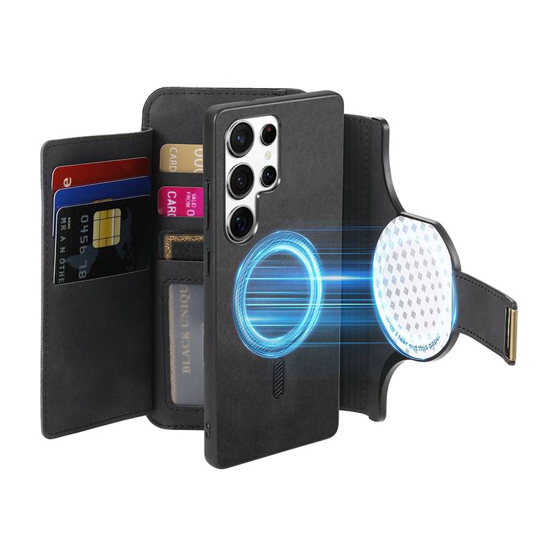 Schwarze Telefon-Geldbörsentasche mit Kartenfächern und magnetischem Klappständer, geöffnet dargestellt mit angebrachtem Telefon und blauem magnetischem Ausrichtungseffekt.