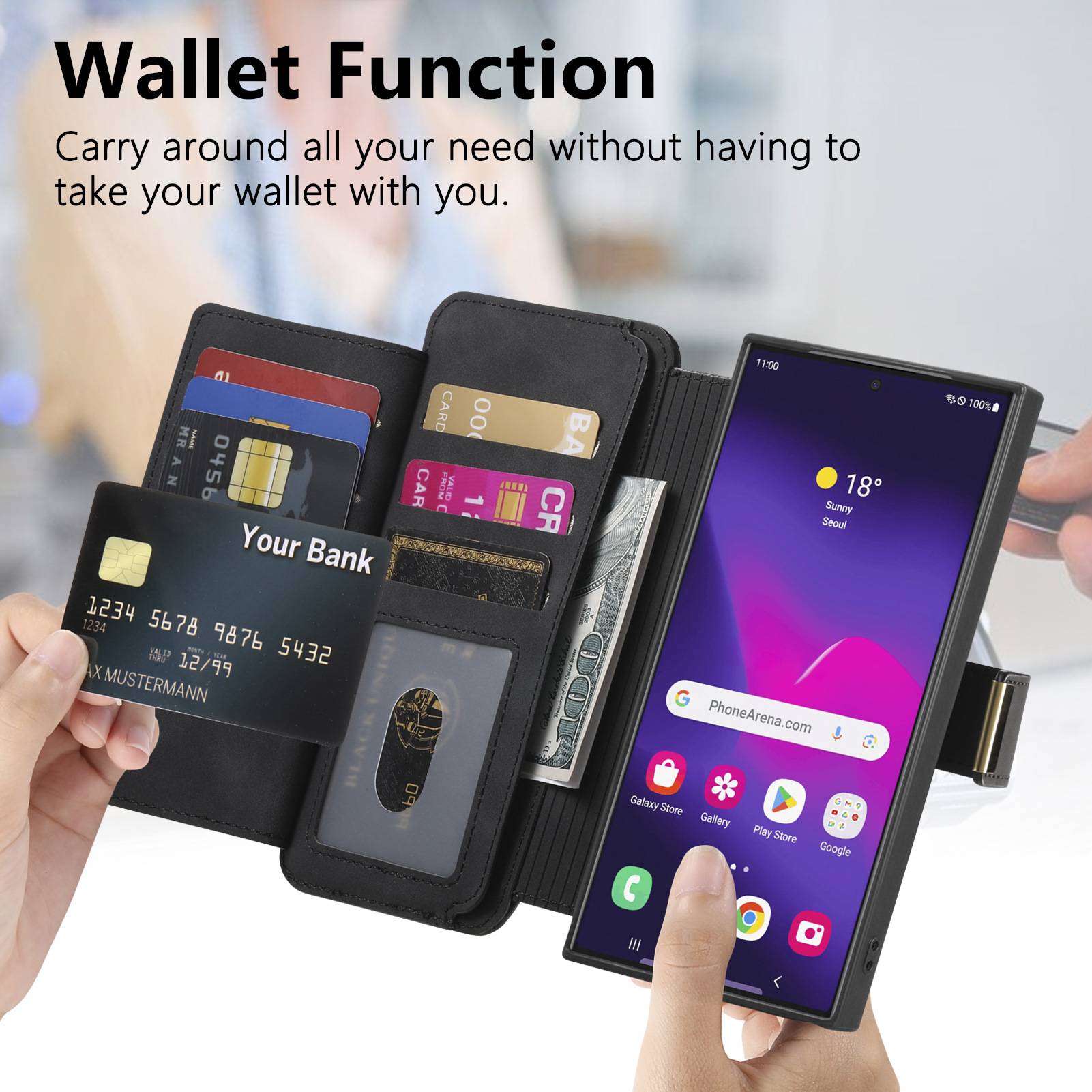 Promobild einer Handyhülle mit Geldbörsen-Funktion, die Bargeld und mehrere Karten hält, mit einem angebrachten Telefon; der Text lautet „Geldbörsen-Funktion" und „Tragen Sie alles mit sich, was Sie brauchen, ohne Ihre Geldbörse mitnehmen zu müssen."