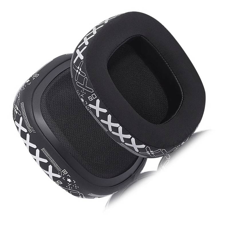 Zwei schwarze Over-Ear-Kopfhörer-Ersatzohrpolster mit weißem geometrischem Muster auf den äußeren Ringen, gezeigt auf weißem Hintergrund.