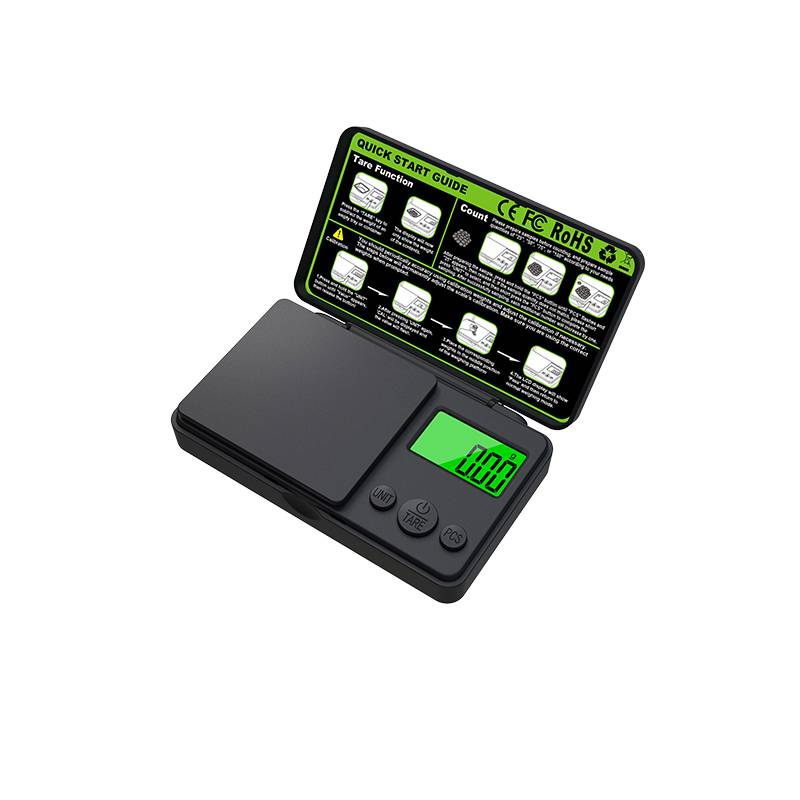 Digitale Taschenwaage mit aufgeklappter Schnellstartanleitung, die ein grün beleuchtetes Display mit der Anzeige 0.00 und drei Steuertasten zeigt.