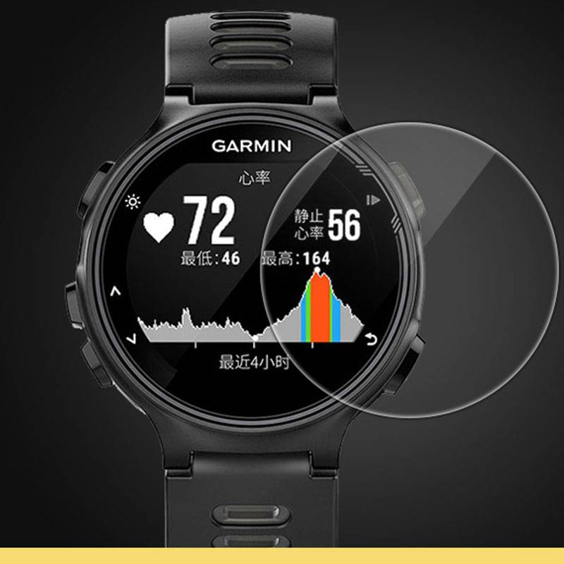 Eine Garmin-Smartwatch zeigt Herzfrequenzdaten an: 72 aktuell, 56 in Ruhe, und ein 4-Stunden-Diagramm mit einem Spitzenwert von 164.