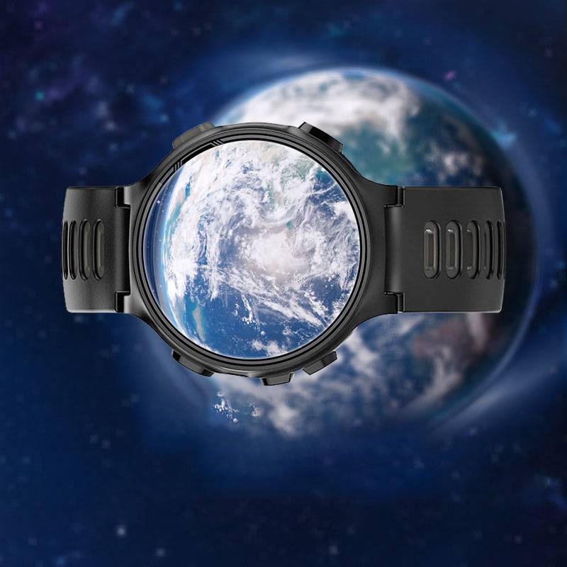 Schwarze Smartwatch mit der Erde auf ihrem rundem Bildschirm vor einem Weltall-Hintergrund, symbolisierend globale Konnektivität oder Weltzeit.
