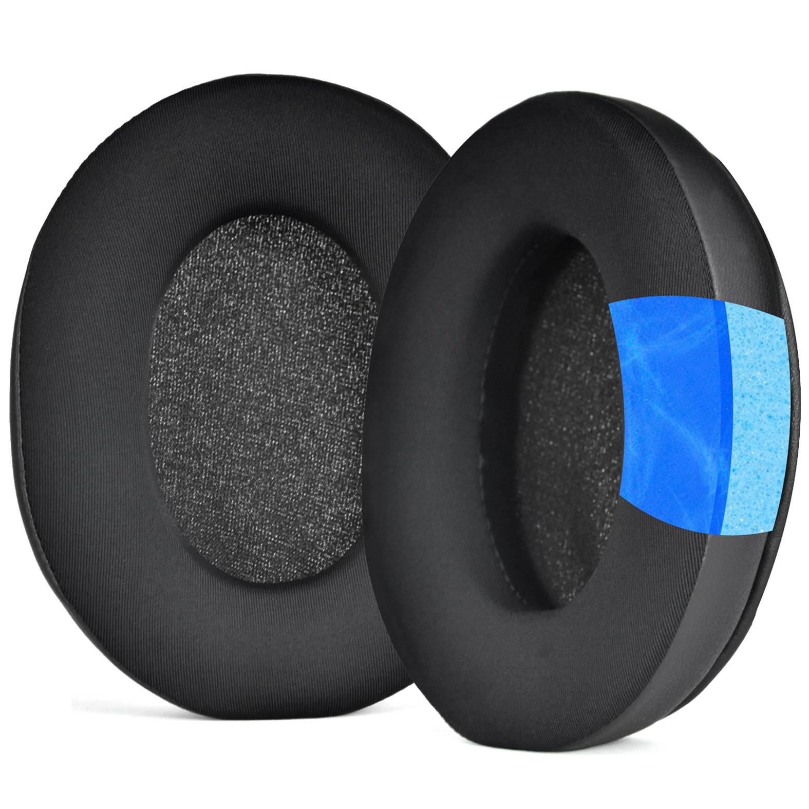 Schwarze Over-Ear-Kopfhörer mit Memory-Foam-Ohrpolstern, wobei einer eine blaue Kühlgelschicht zeigt, die an der Seite freigelegt ist.