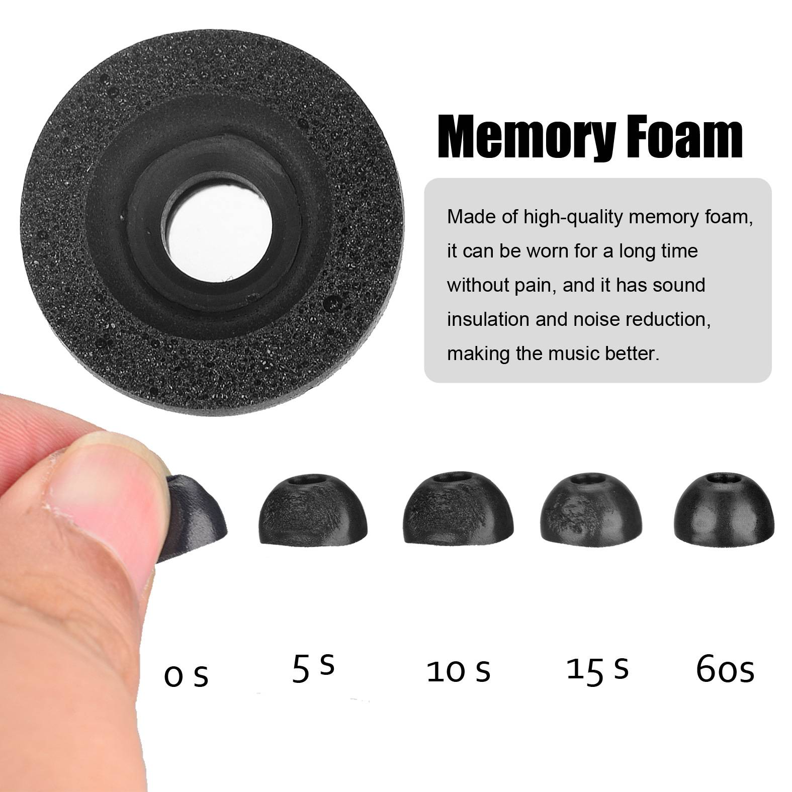 Produktbild für Memory-Foam-Ohreinsätze mit schwarzem Schaumstoff-Ohrpolster, Text über Komfort und Lärmreduktion sowie Größenoptionen mit den Bezeichnungen 0S, 5S, 10S, 15S und 60S.