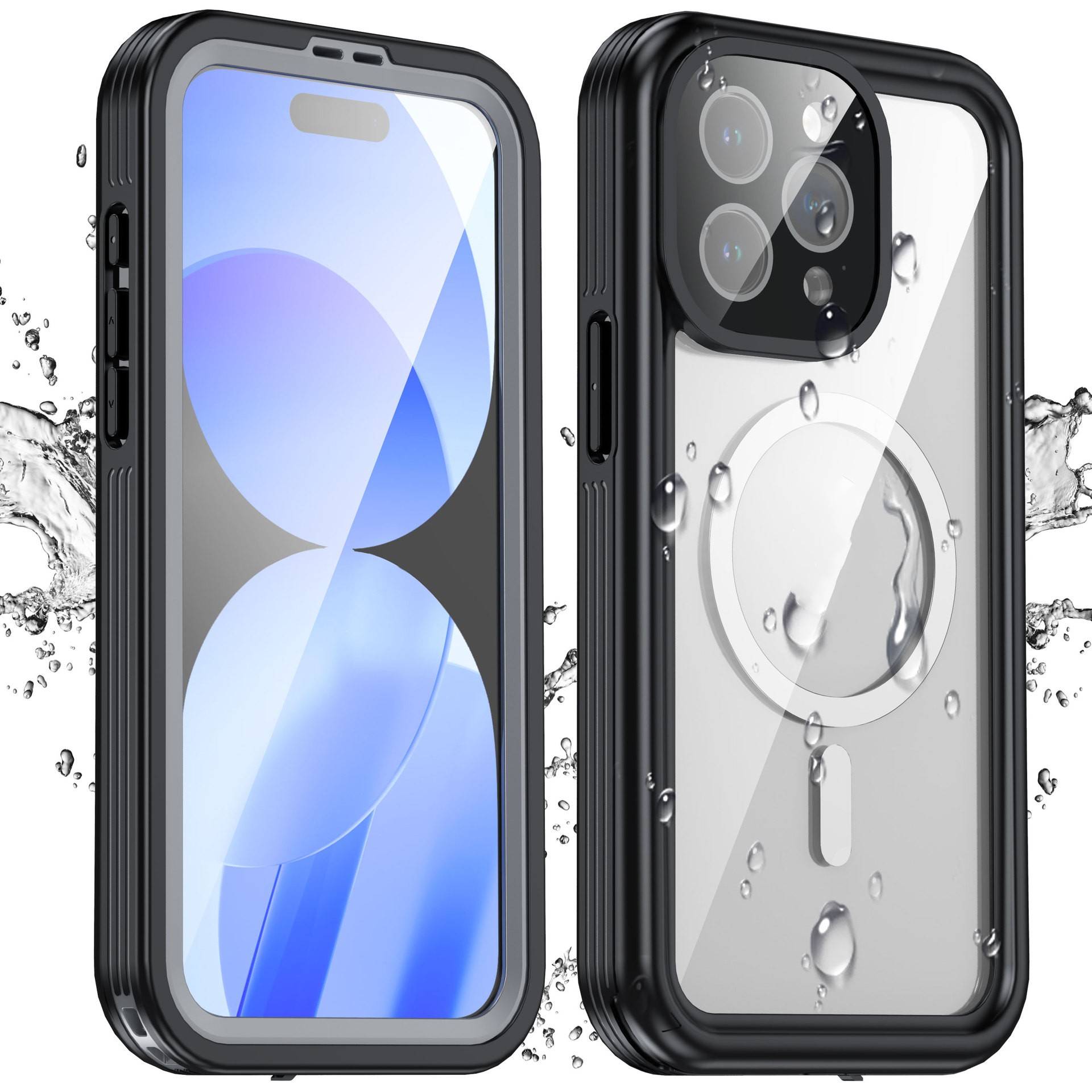 Zwei Ansichten eines Smartphones in einer transparenten, robusten wasserdichten Hülle mit schwarzen Stoßfängerkanten, von vorne und hinten mit MagSafe-Ringausschnitt dargestellt.