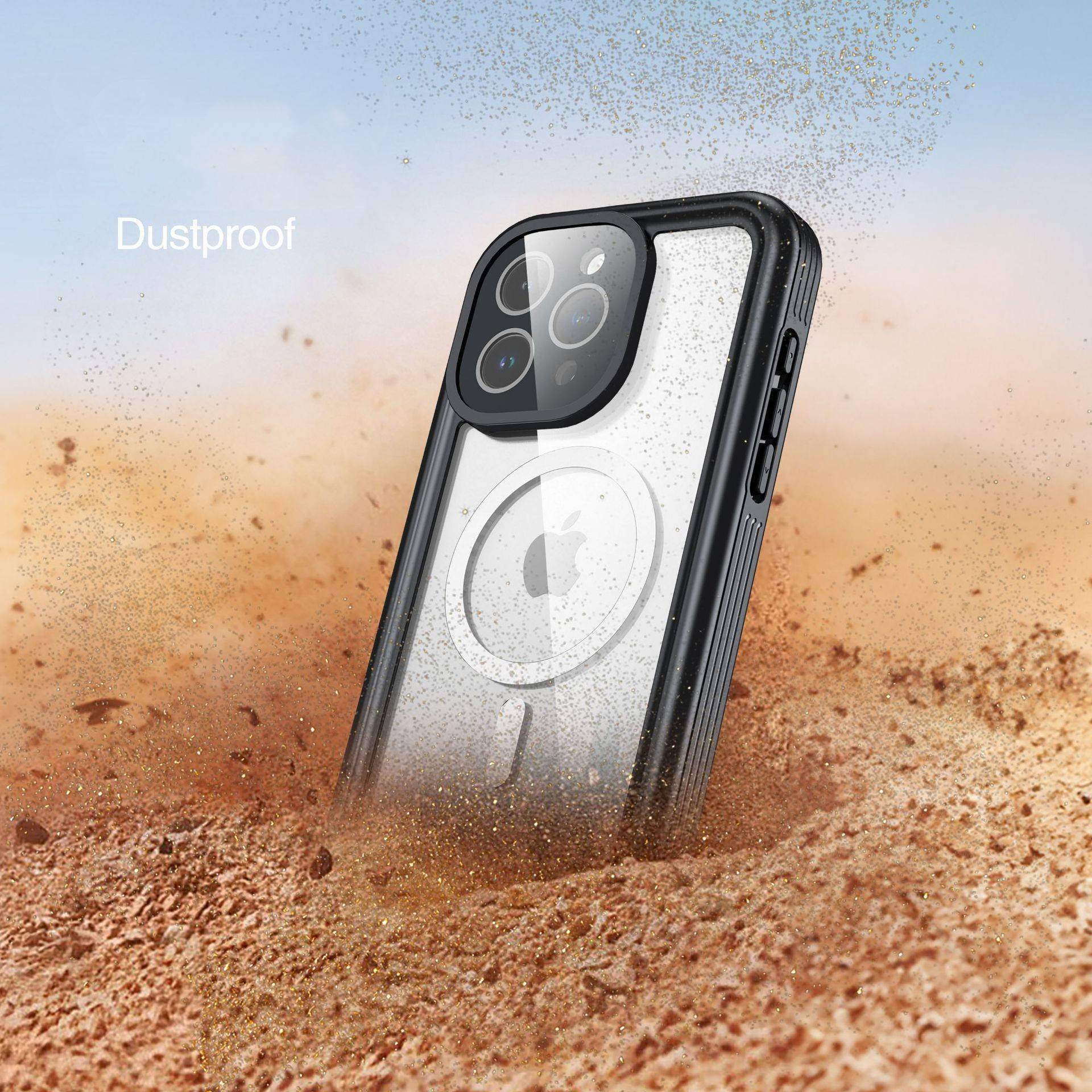 Smartphone in einem robusten klartransparenten und schwarzen Gehäuse, das in wirbelndem Staub steht, mit dem Wort „Staubdicht" zur Anzeige des Schutzes vor Verschmutzung.