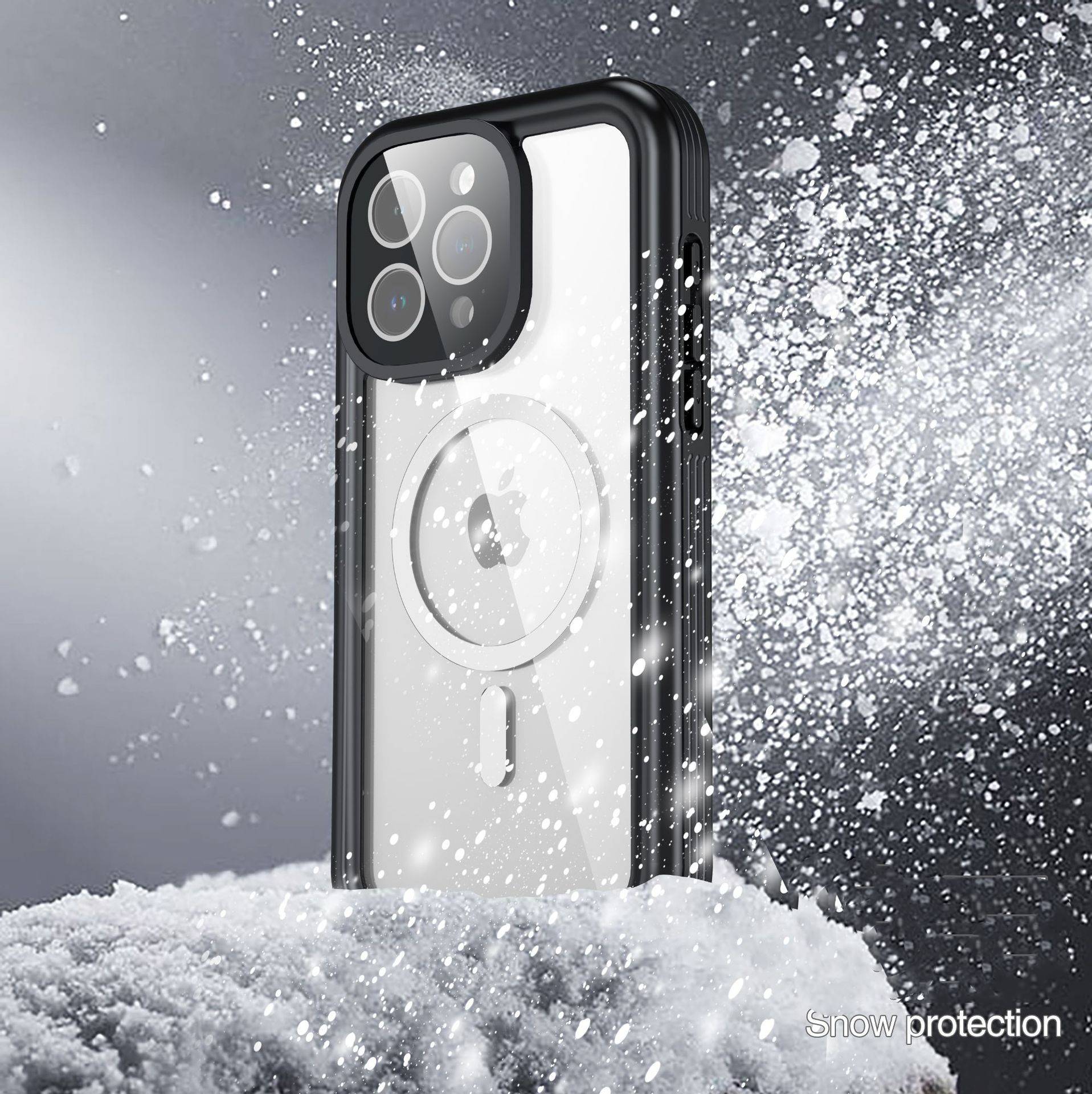 iPhone-ähnliches Telefon in einer schwarzen Schutzhülle stehend im Schnee, mit Wasser- und Schneegischt, die den SchneeSchutz hervorheben.